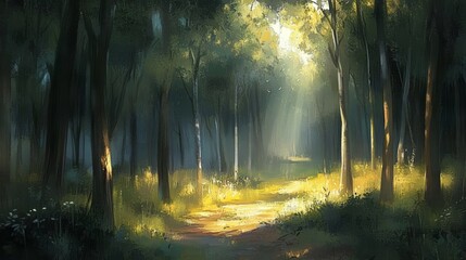 Obraz premium Enchanting forest path painting, discover nature's tranquil serenity in lush woods and sunlit trails