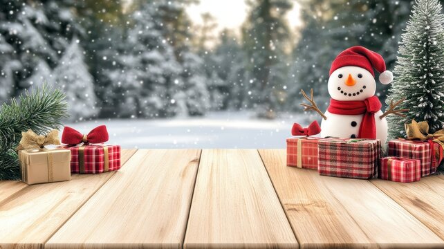 Christmas theme wallpaper decorate by gift box, snowman wear santa hat mockup on the wooden table.