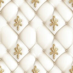 Elegant seamless White Tufted Leather Pattern with Gold Lily Flower Designs