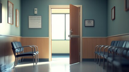 An office, door open, POV from inside the office looking into the waiting room