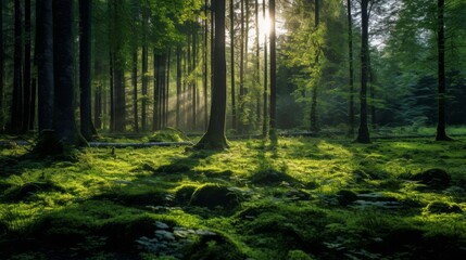 Obraz premium Bright green grass glowing in the evening sun in a dense forest