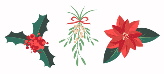 Vector traditional Christmas plants: poinsettia, mistletoe, and holly isolated on a light background. Festive designs for seasonal cards, invitations, and winter decor