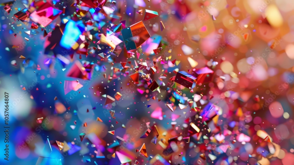 Poster Bright multicolored abstract background with falling small pieces, dynamic and lively, detailed texture