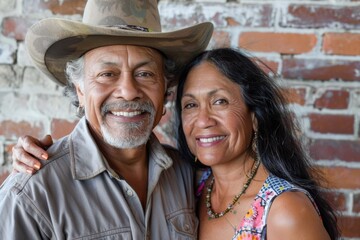 Portrait of a grinning mixed race couple in their 70s wearing a rugged cowboy hat on vintage brick wall