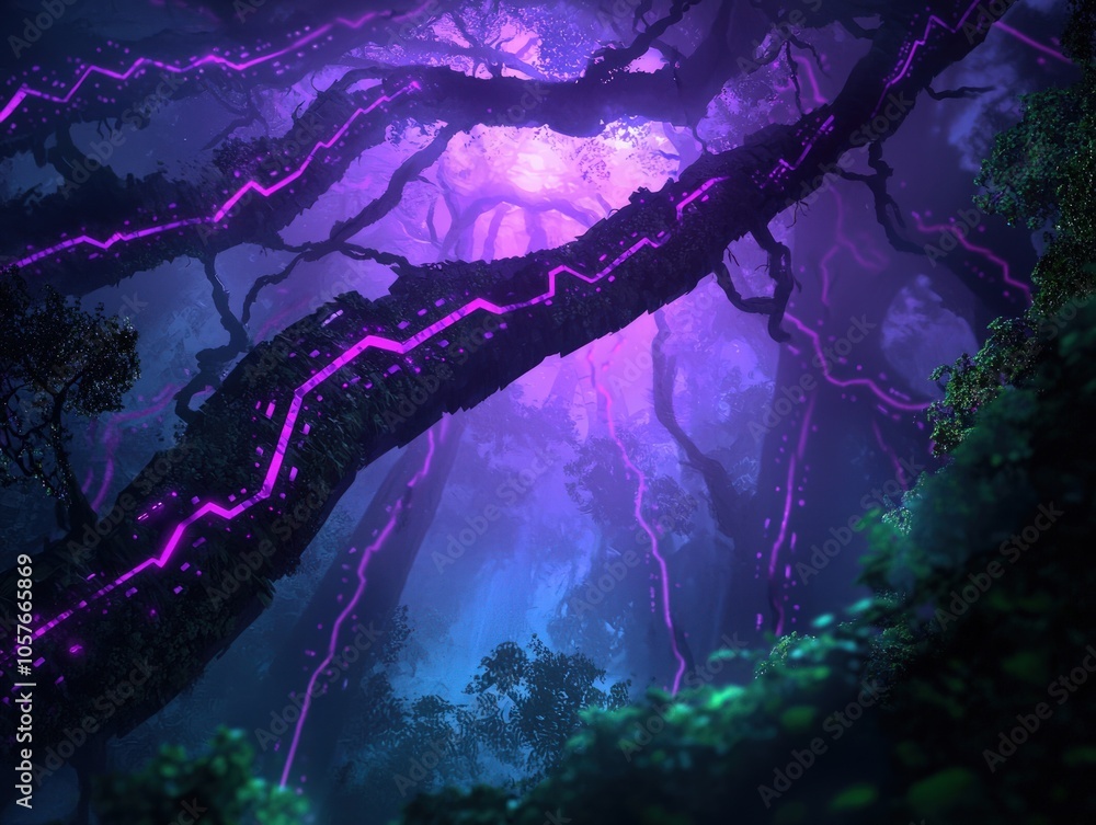 Poster exploring the enigmatic glow of a mystical forest with neon elements