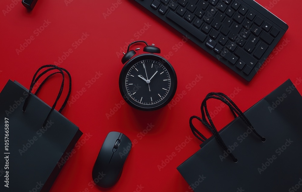 Poster Black alarm clock with keyboard and mouse on red background