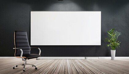 Modern office with large vertical blank canvas on dark wall. 3D Rendering