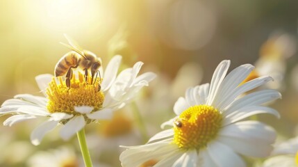 Obraz premium Chamomile flower with bees collecting nectar