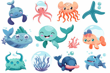 Colorful cartoon sea creatures, including a whale, octopus, starfish, fish, crab and seaweed on a white background.