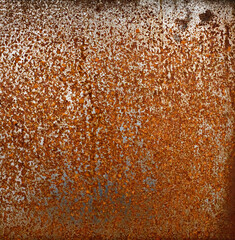 Backdrop of rusty surface of dark, brown, and orange hues. Detailed grunge rusted metal texture. Close-up of rust patterns, aged iron, scratched, worn, distressed areas, decay, corrosion details