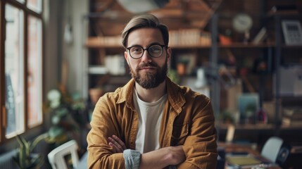 Obraz premium Portrait of a Young Man in Glasses in a Modern Workspace