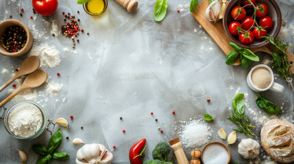 A vibrant kitchen workspace filled with fresh ingredients and cooking essentials for recipe inspiration and culinary creativity