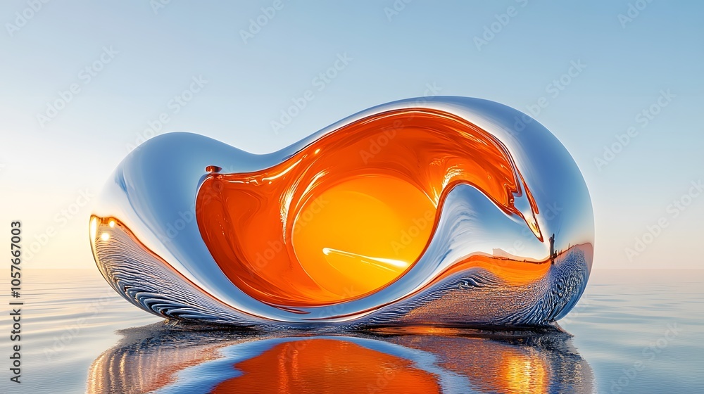 Poster surrealistic scene dominated by a bright orange 3d object with organic forms, featuring an expanded 