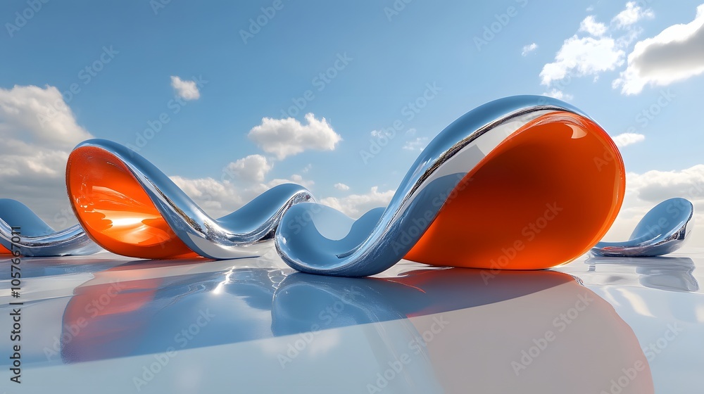 Poster surrealistic scene dominated by a bright orange 3d object with organic forms, featuring an expanded 