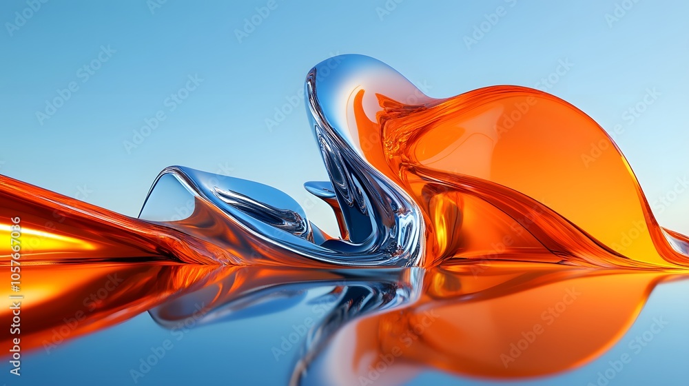 Poster surrealistic scene dominated by a bright orange 3d object with organic forms, featuring an expanded 