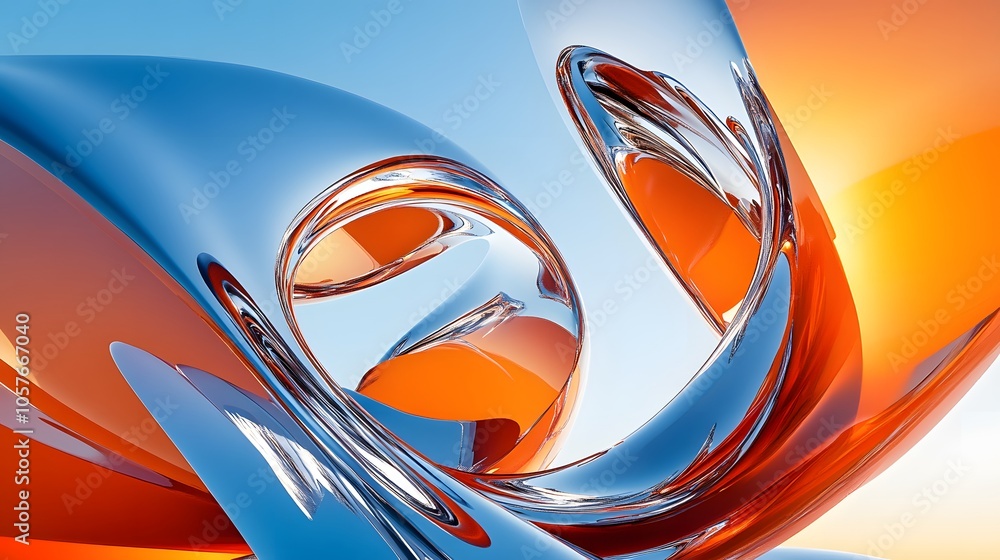 Poster surrealistic scene dominated by a bright orange 3d object with organic forms, featuring an expanded 