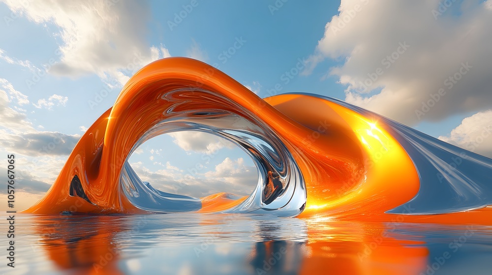 Poster surrealistic scene dominated by a bright orange 3d object with organic forms, featuring an expanded 