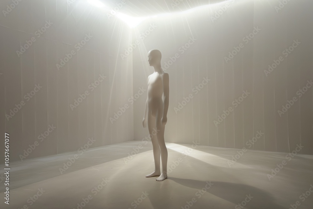 Poster a white man standing in a room with a light shining on him. the room is empty and the man is the onl
