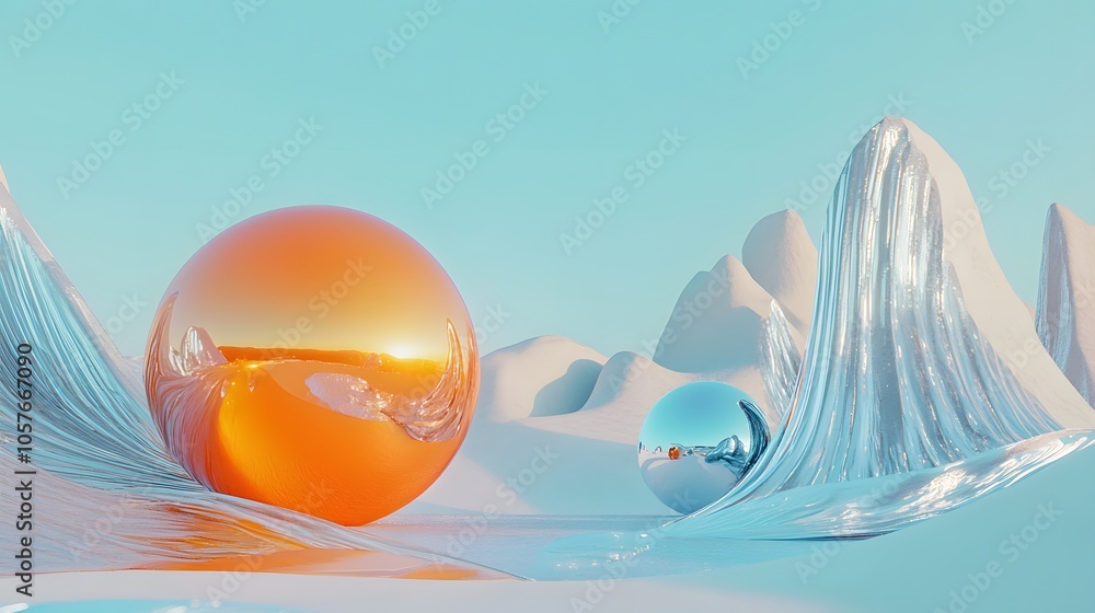Poster surrealistic scene dominated by a bright orange 3d object with organic forms, featuring an expanded 