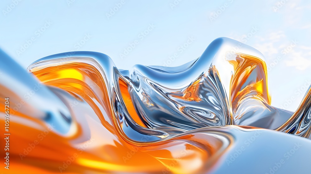Poster surrealistic scene dominated by a bright orange 3d object with organic forms, featuring an expanded silver chrome abstract shape ruling the sky blue gradient background. mysterious light blue objects