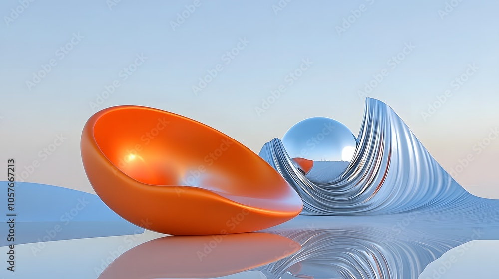 Poster surrealistic scene dominated by a bright orange 3d object with organic forms, featuring an expanded 
