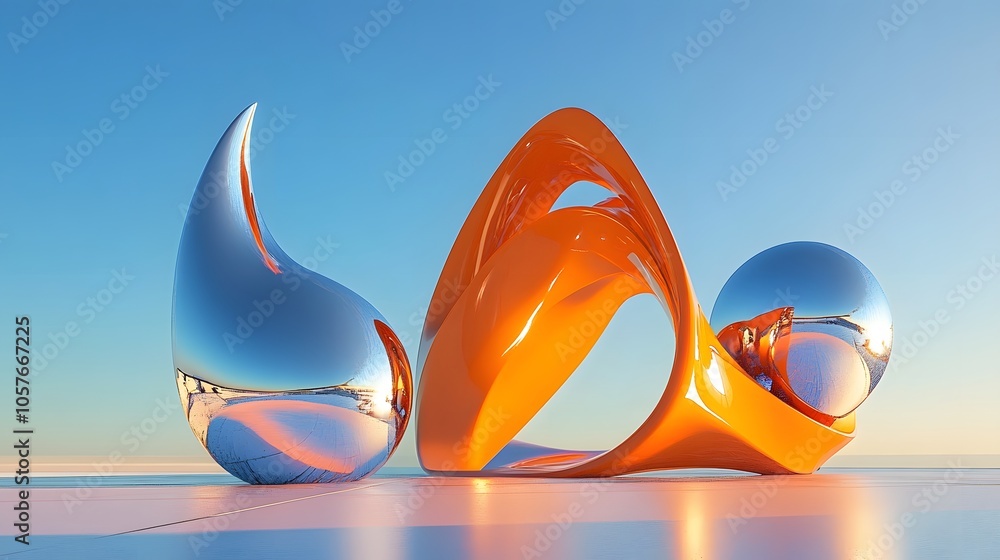 Aufkleber surrealistic scene dominated by a bright orange 3d object with organic forms, featuring an expanded 