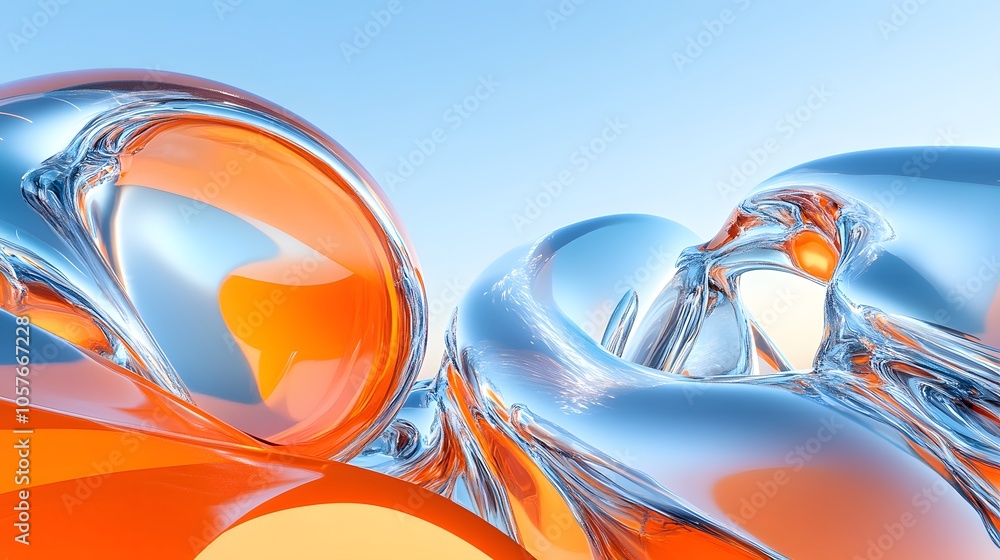 Poster surrealistic scene dominated by a bright orange 3d object with organic forms, featuring an expanded 