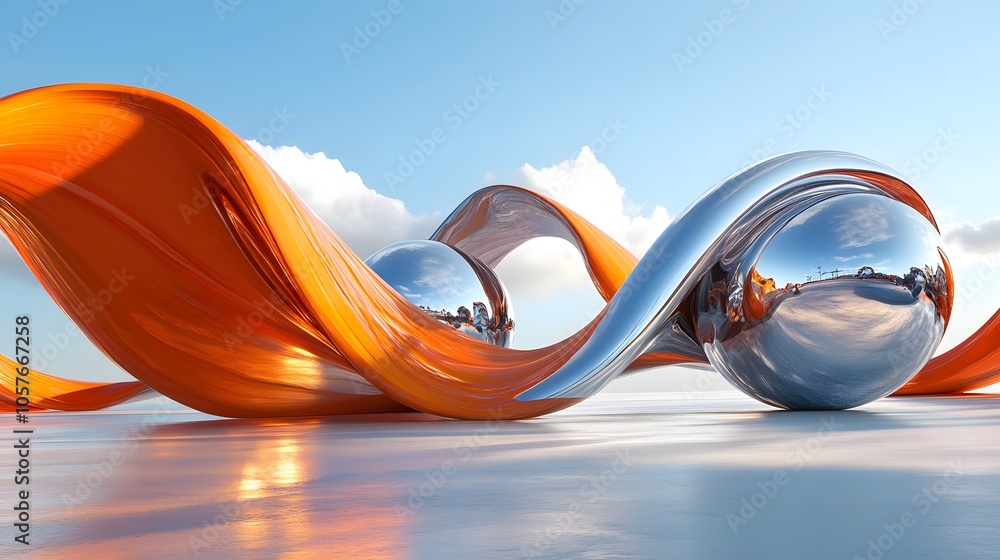 Aufkleber surrealistic scene dominated by a bright orange 3d object with organic forms, featuring an expanded 