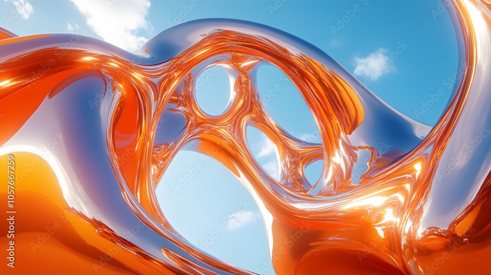 Poster surrealistic scene dominated by a bright orange 3d object with organic forms, featuring an expanded 