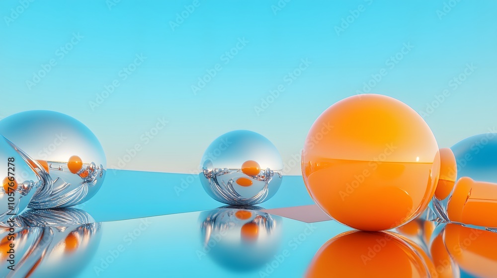 Poster surrealistic scene dominated by a bright orange 3d object with organic forms, featuring an expanded 