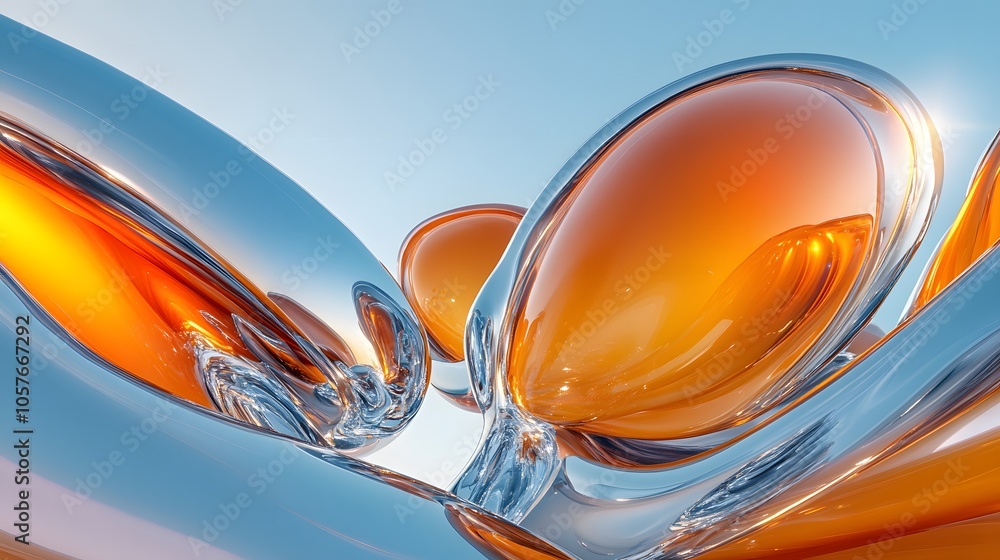 Poster surrealistic scene dominated by a bright orange 3d object with organic forms, featuring an expanded 