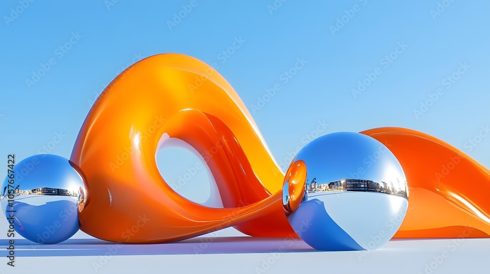 Poster surrealistic scene dominated by a bright orange 3d object with organic forms, featuring an expanded 