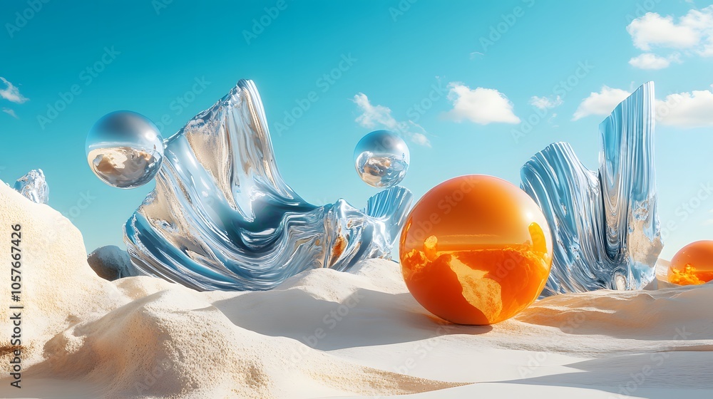 Poster surrealistic scene dominated by a bright orange 3d object with organic forms, featuring an expanded 