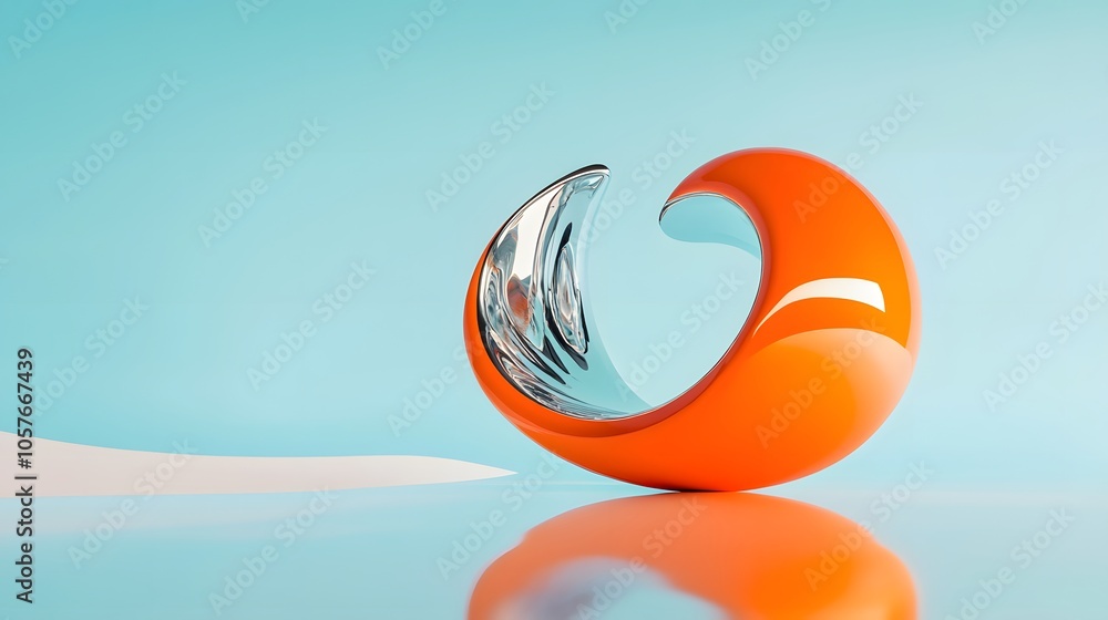 Poster surrealistic scene dominated by a bright orange 3d object with organic forms, featuring an expanded 