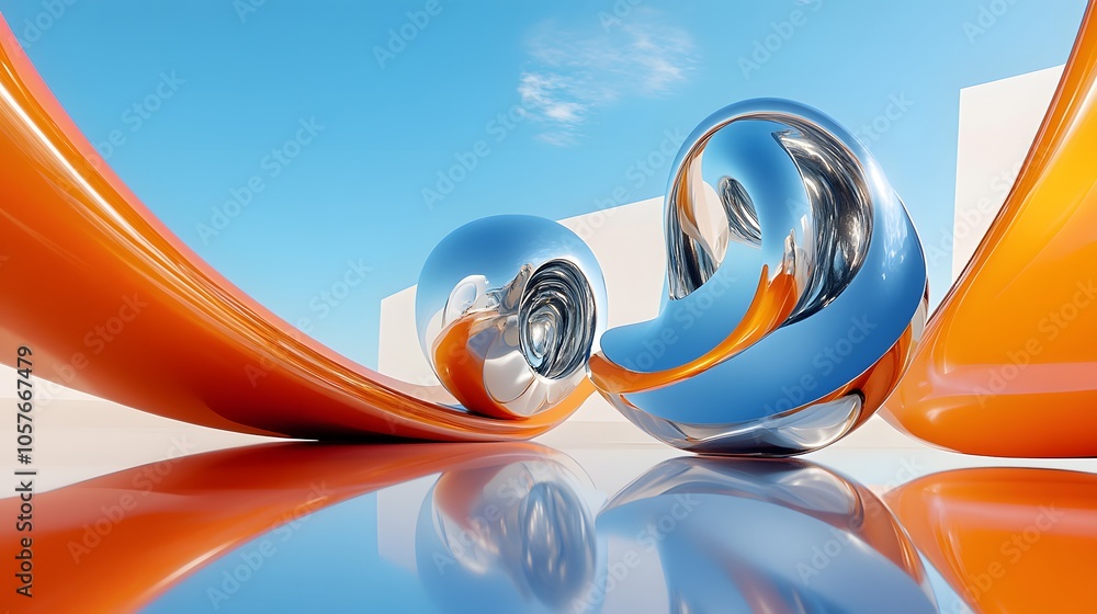 Poster surrealistic scene dominated by a bright orange 3d object with organic forms, featuring an expanded 