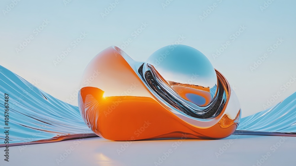 Aufkleber surrealistic scene dominated by a bright orange 3d object with organic forms, featuring an expanded 