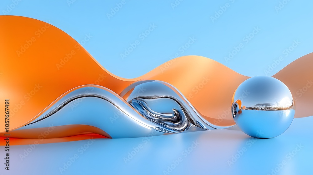 Aufkleber surrealistic scene dominated by a bright orange 3d object with organic forms, featuring an expanded 
