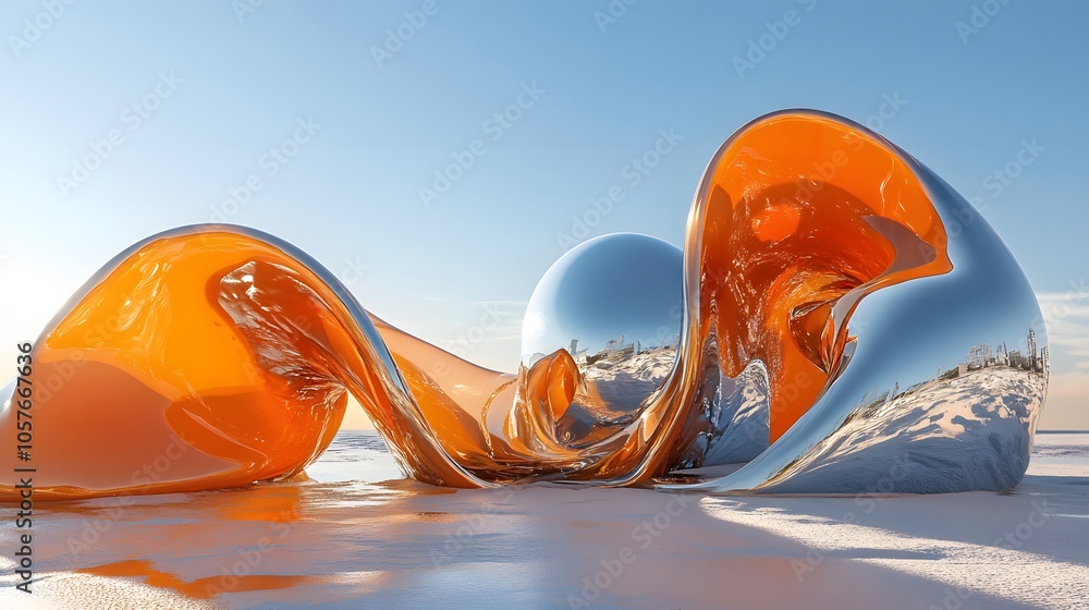 Poster surrealistic scene dominated by a bright orange 3d object with organic forms, featuring an expanded 