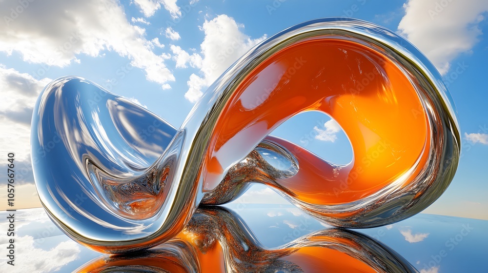 Poster surrealistic scene dominated by a bright orange 3d object with organic forms, featuring an expanded 