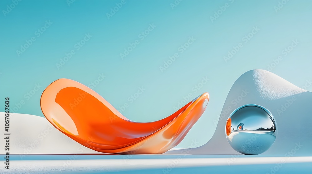 Poster surrealistic scene dominated by a bright orange 3d object with organic forms, featuring an expanded 