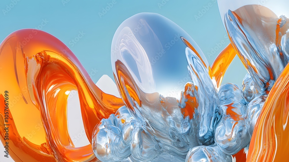 Poster surrealistic scene dominated by a bright orange 3d object with organic forms, featuring an expanded 