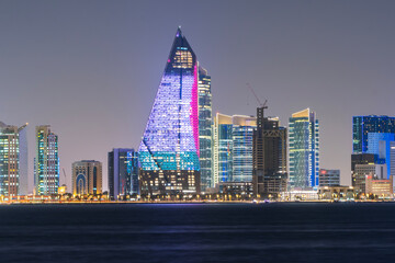 Doha Corniche Beach and Skyscrapers Night Time Photo, Doha Qatar