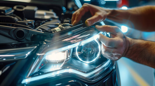 Hands replacing a car headlight near a workshop during evening hours, showcasing the repair process and car maintenance skills