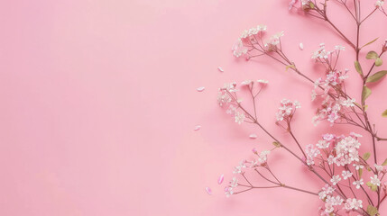 Delicate pink flowers arranged beautifully on a soft pastel pink background, perfect for creative designs and text placement