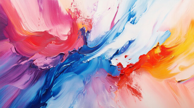 Vibrant abstract painting showcasing dynamic swirls of pink, blue, orange, and yellow colors, creating an expressive and energetic composition