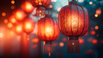 Glowing Red Lanterns, Symbolic Nighttime Ambiance for Lunar New Year