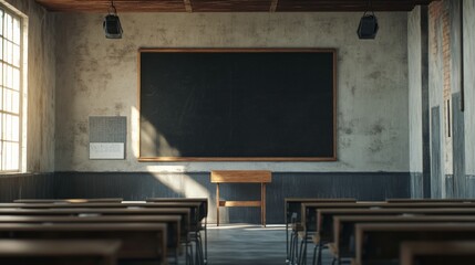 a black board in school class in an empty class room with student desk