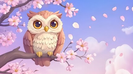 Owl Perched on a Pink Cherry Tree, Abstract Image, Texture, Pattern Background, Wallpaper, Cover and Screen for Smartphone, PC, Laptop, 9:16 and 16:9 Format