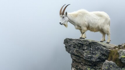 Fototapeta premium majestic mountain goat stands confidently on a rugged cliff edge, its thick white fur contrasting against the dark stone, set against a misty mountain backdrop