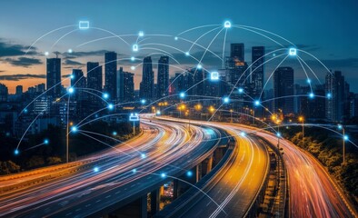 Futuristic cityscape with digital lines and light trails, representing the next wave of urban tech innovation. 